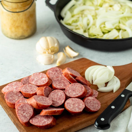 sliced smoked sausage with onions and garlic