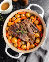 a chuck roast in pot with potatoes and carrots