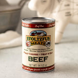 a can of canned beef on a kitchen counter