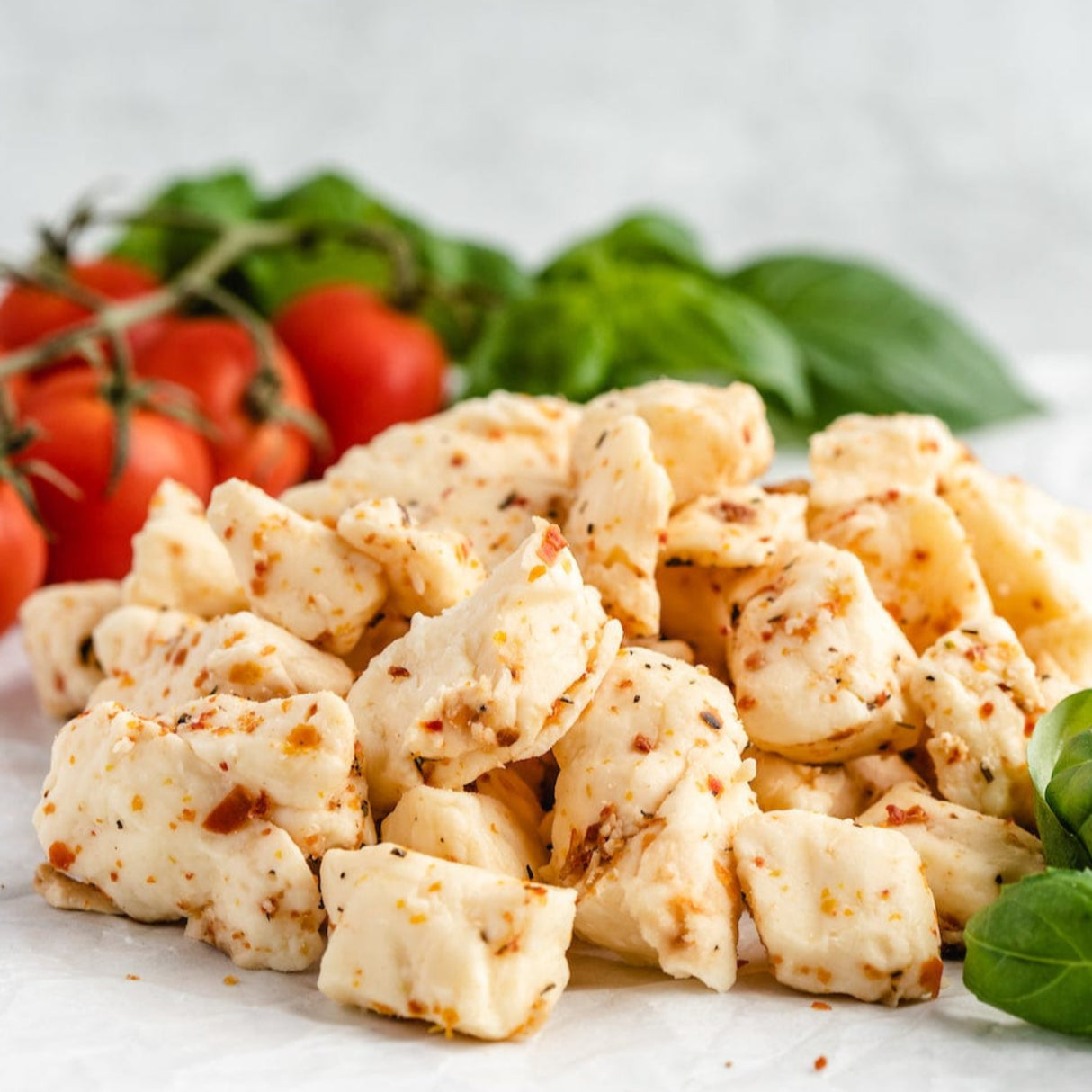 tomato basil cheese curds on a plate